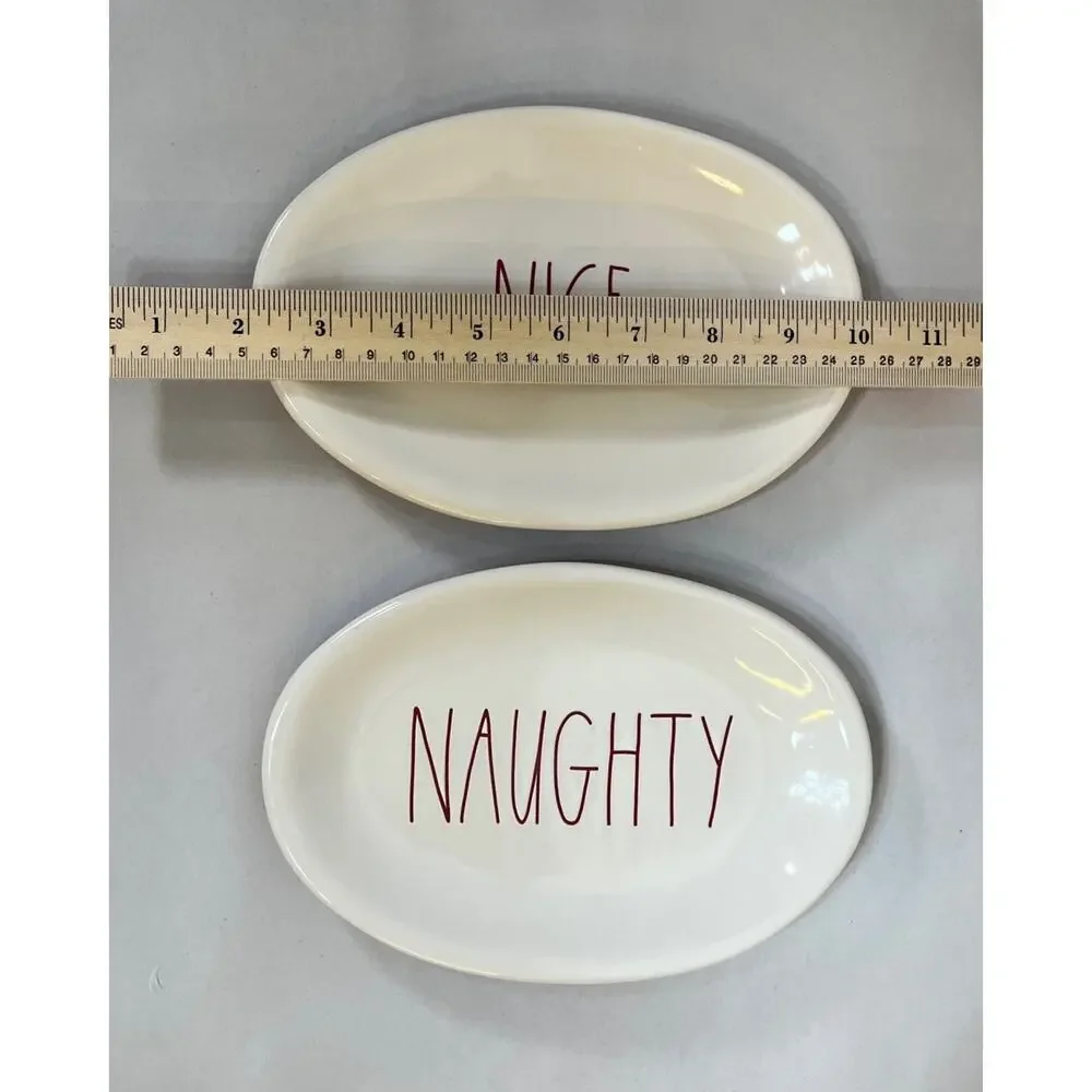 Rae Dunn Artisan Magenta NAUGHTY NICE 8” Oval Ceramic Plates Christmas Set Of 2